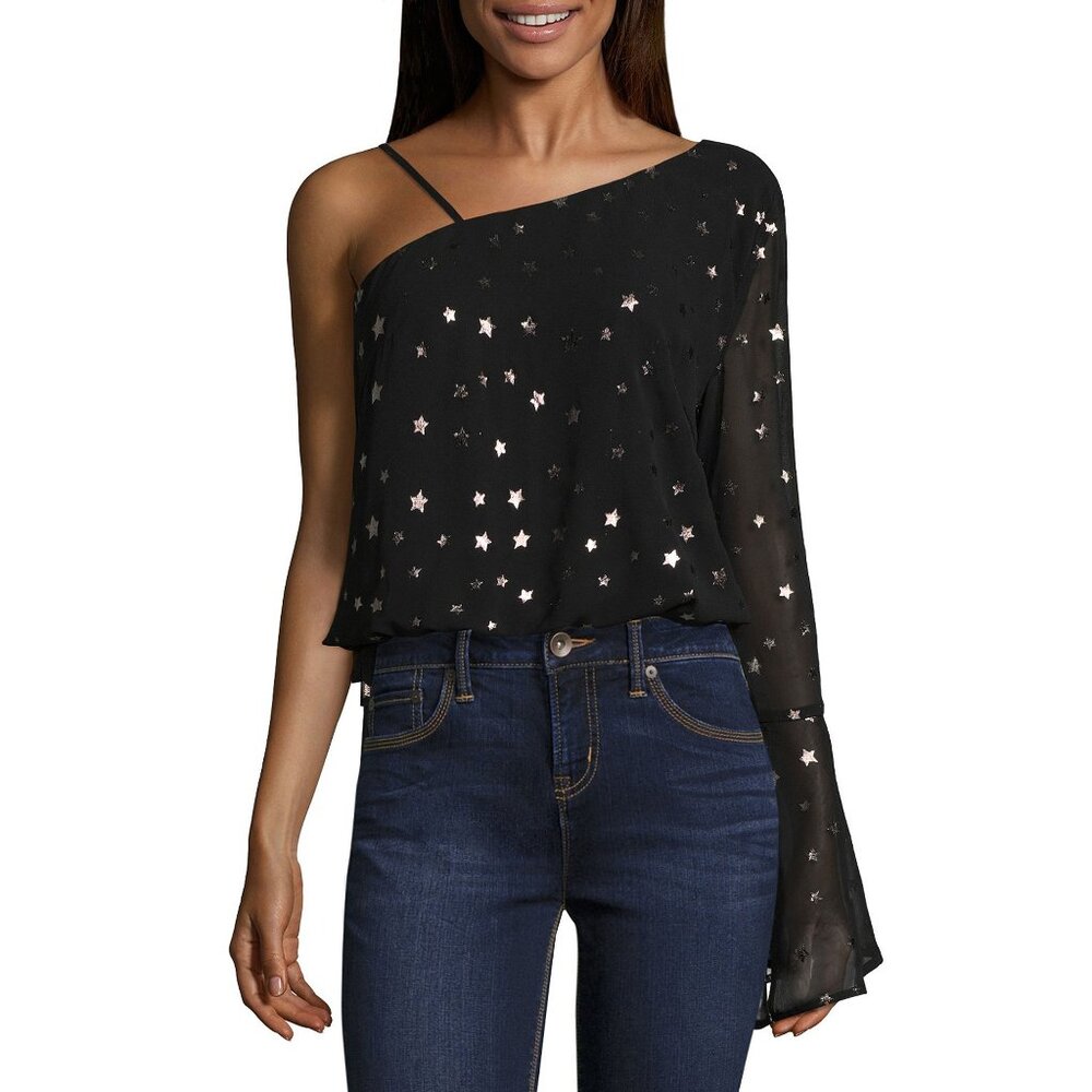 T.D.C One Shoulder Blouse in Black Star Print New With Tags Size Large Pre-Price